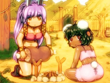 2girls animal ears breasts brown eyes bunny ears bunnygirl cleavage dark skin food green hair inaba tewi long hair navel necklace ponytail purple hair reisen udongein inaba shirosato short hair shorts tail tattoo touhou tree wristwear