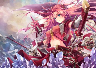 aqua eyes gloves jpeg artifacts katana long hair navel original pink hair re lucy signed spear sword weapon