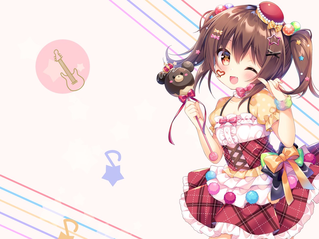 blush bow brown hair candy chocolate dress fang loli red eyes ribbons twintails umeko machi wand wink wristwear