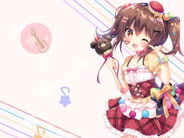 blush bow brown hair candy chocolate dress fang loli red eyes ribbons twintails umeko machi wand wink wristwear