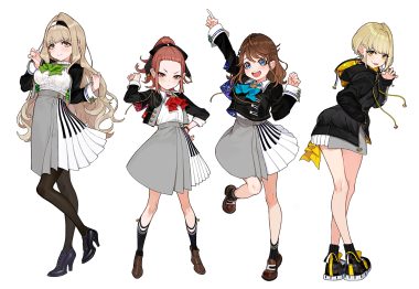 aqua eyes blonde hair brown hair group headband hood kaname mahiro kneehighs long hair marinasu (kari) otonoha naho pantyhose ponytail red eyes red hair school uniform short hair skirt socks suzuna subaru touma rin white wristwear yellow eyes yuu (higashi no penguin)