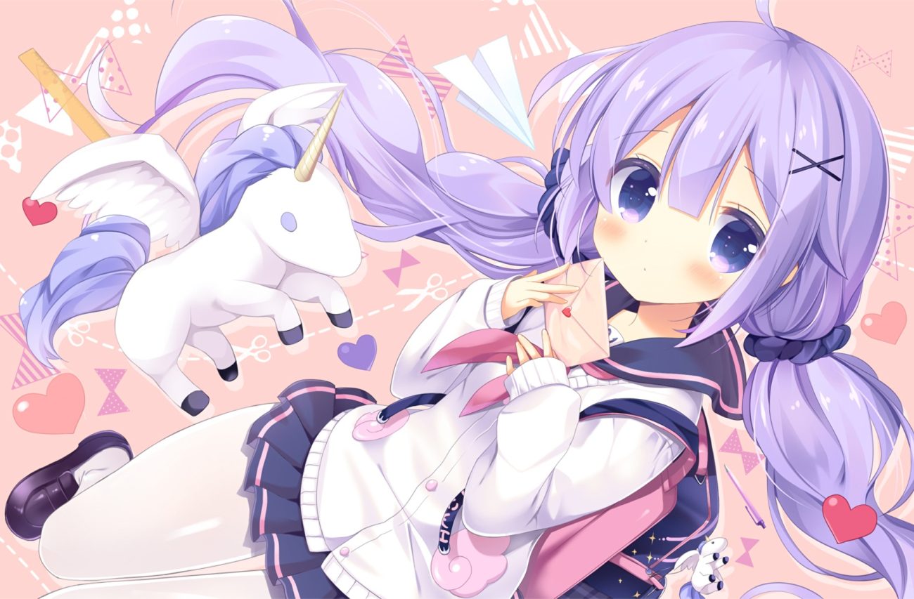 animal anthropomorphism aono ribbon azur lane blush heart horse loli long hair pantyhose paper purple eyes purple hair school uniform skirt twintails unicorn unicorn (azur lane) waifu2x