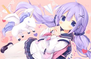 animal anthropomorphism aono ribbon azur lane blush heart horse loli long hair pantyhose paper purple eyes purple hair school uniform skirt twintails unicorn unicorn (azur lane) waifu2x