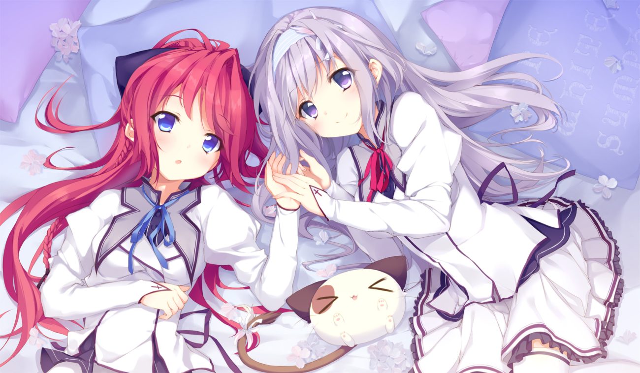2girls amaha miu animal aqua eyes bed braids cat flowers gray hair headband hisagiyuu inui sana long hair mashiroiro symphony purple eyes red hair ribbons school uniform skirt thighhighs