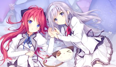 2girls amaha miu animal aqua eyes bed braids cat flowers gray hair headband hisagiyuu inui sana long hair mashiroiro symphony purple eyes red hair ribbons school uniform skirt thighhighs