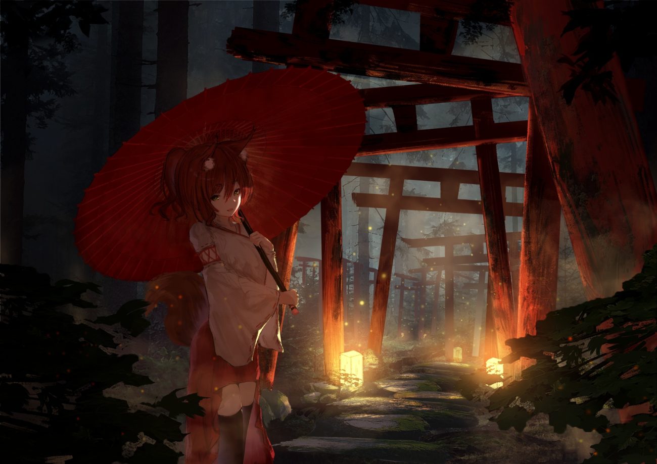 animal ears dark forest foxgirl moni (moni chon) night orange eyes original ponytail red hair short hair tail thighhighs torii tree umbrella zettai ryouiki