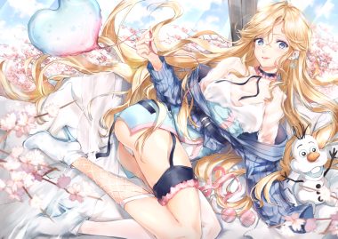ass blonde hair blue eyes cherry blossoms choker dress flowers garter belt long hair nu10040904 olaf (frozen) original panties ribbons see through snow snowman sunglasses underwear