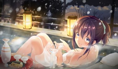 blue eyes blush breasts brown hair cleavage drink food nude onsen original ponytail sake shiro kuma shake short hair snow towel water wet