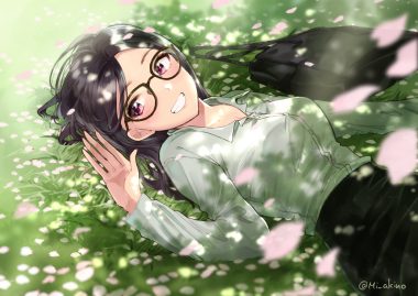 black hair blush glasses grass green long hair miyabi akino original petals purple eyes shirt signed skirt