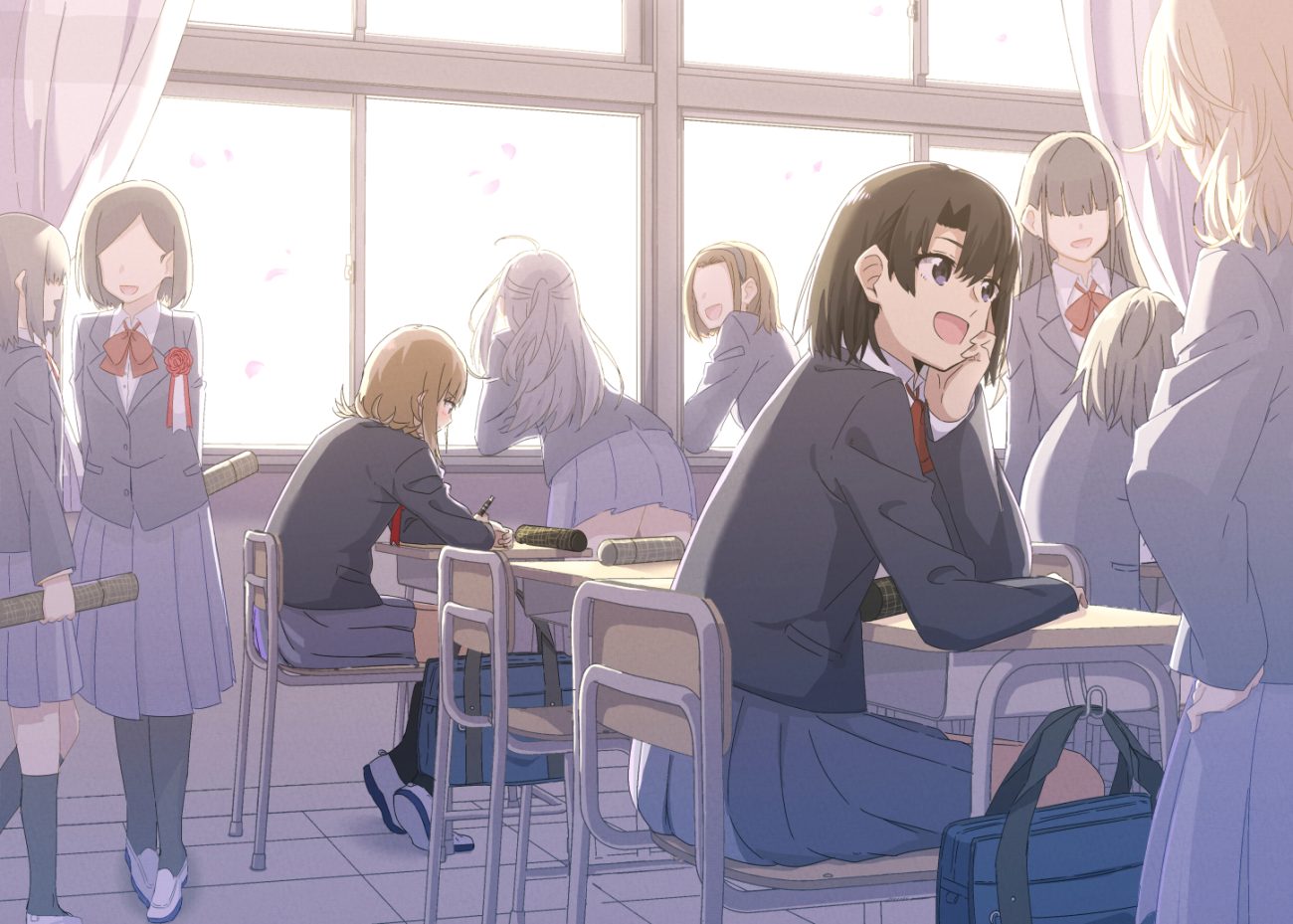 aliasing black hair bow brown eyes brown hair flowers group headband kneehighs long hair original pantyhose purple eyes rose school uniform shiime short hair skirt
