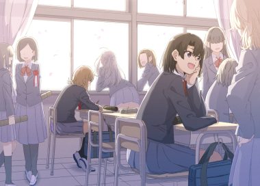 aliasing black hair bow brown eyes brown hair flowers group headband kneehighs long hair original pantyhose purple eyes rose school uniform shiime short hair skirt