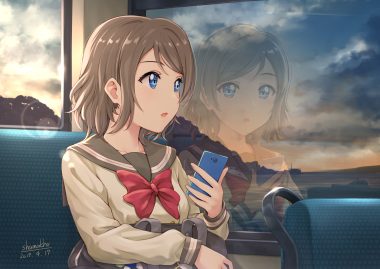 blue eyes bow brown hair clouds love live! school idol project love live! sunshine!! phone reflection school uniform shamakho short hair signed sky watanabe you