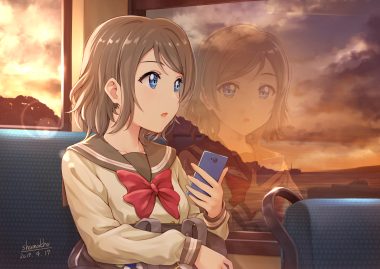 blue eyes bow brown hair clouds love live! school idol project love live! sunshine!! phone reflection school uniform shamakho short hair signed sky sunset watanabe you