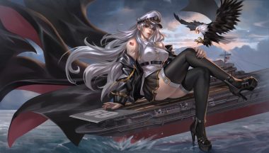 animal anthropomorphism azur lane bird boat breasts combat vehicle enterprise (azur lane) erect nipples gray hair hat junqi mu long hair purple eyes realistic skirt thighhighs water