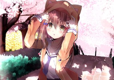 blush brown hair cherry blossoms flowers hachigatsu no cinderella nine hayami rokushichi hood long hair petals school uniform tie ukita akane yellow eyes