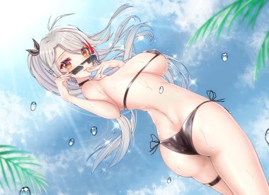 aliasing anthropomorphism asrkty ass azur lane bikini breasts clouds garter gray hair jpeg artifacts long hair orange eyes prinz eugen (azur lane) sky sunglasses swimsuit twintails water wet