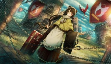 animal animal ears apron bicolored eyes bird building cage cape clouds doggirl headdress inui toko japanese clothes maid mochi (m0chi0000) nijisanji scarf scenic sky tail