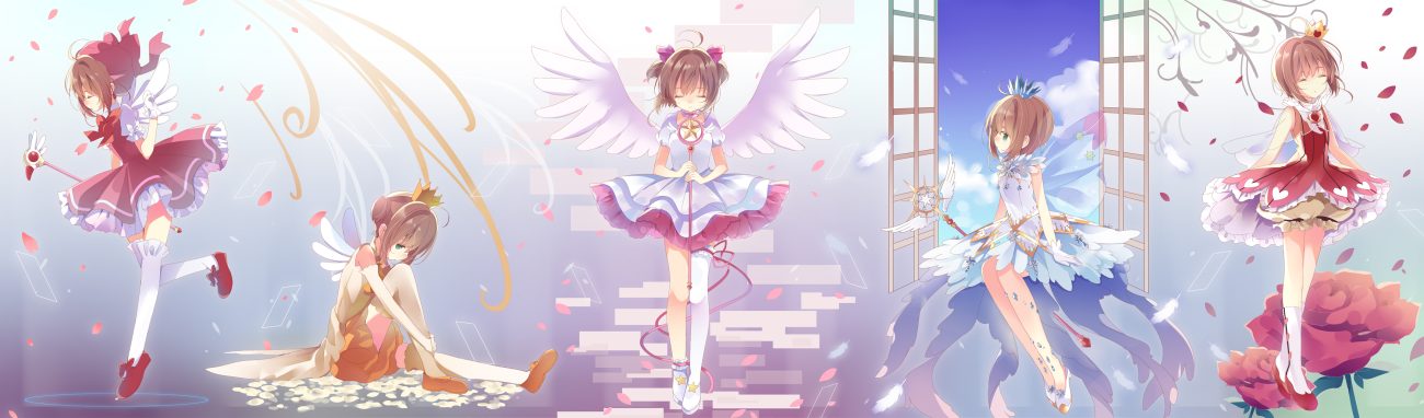 brown hair card captor sakura dress gloves gradient green eyes kinomoto sakura petals shiiba nae short hair thighhighs wand wings