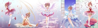 brown hair card captor sakura dress gloves gradient green eyes kinomoto sakura petals shiiba nae short hair thighhighs wand wings