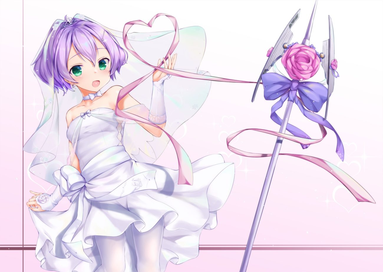 anthropomorphism azur lane bow dress flowers green eyes headdress javelin (azur lane) pantyhose purple hair ribbons shimo (shimo332215) short hair weapon wedding attire