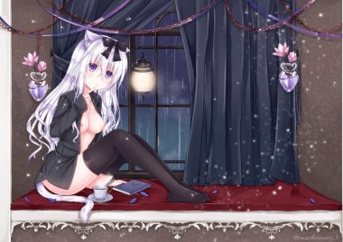 aliasing animal ears blush book breasts catgirl drink long hair mashironeco naked shirt nipples original petals purple eyes shirt tail water white hair