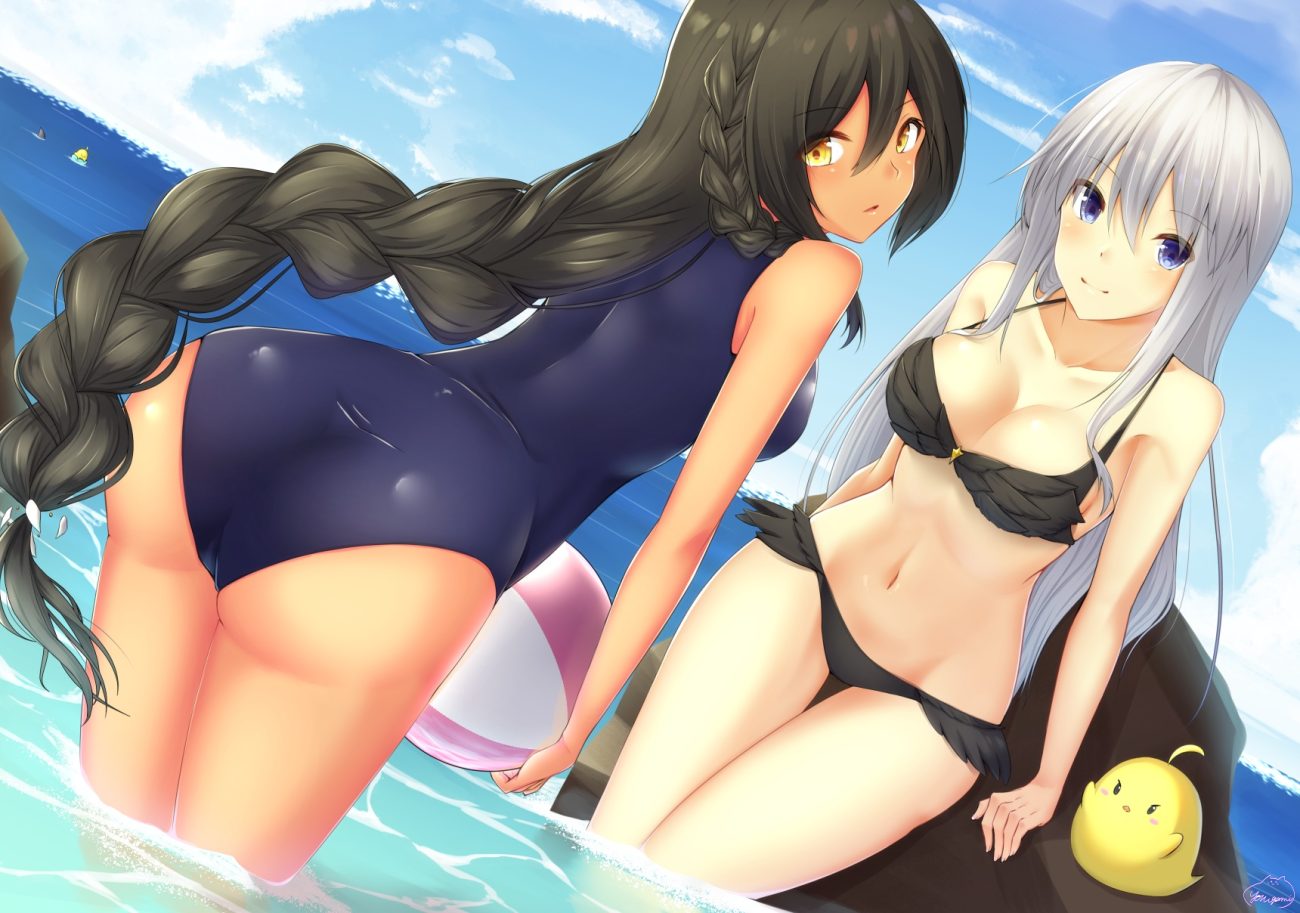 2girls animal anthropomorphism ass azur lane ball bird black hair blue eyes braids breasts cleavage clouds dark skin enterprise (azur lane) gray hair long hair manjuu (azur lane) mofu cat001 navel school swimsuit signed sky south dakota (azur lane) swimsuit water yellow eyes