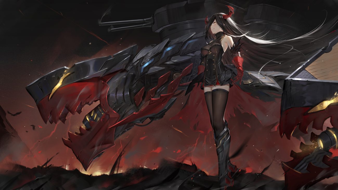 anthropomorphism azur lane black hair boots breasts elbow gloves friedrich der grosse (azur lane) gloves horns long hair thighhighs toriumi harumi weapon yellow eyes