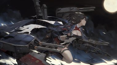 anthropomorphism azur lane black hair georgia (azur lane) moon night short hair sky toriumi harumi weapon