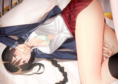 bed black hair blush bra braids breasts brown eyes cleavage kneehighs open shirt original pallad ponytail school uniform skirt underwear