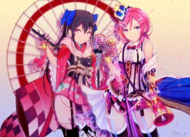 2girls black hair bow braids breasts crown flowers furisode (pixilvina) garter belt gloves long hair love live! school idol project microphone nishikino maki petals pink eyes pink hair red eyes short hair stockings thighhighs twintails umbrella yazawa nico