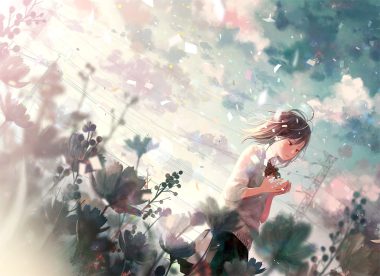 black hair bow brown eyes clouds flowers hinata (lipcream) original paper school uniform short hair skirt sky