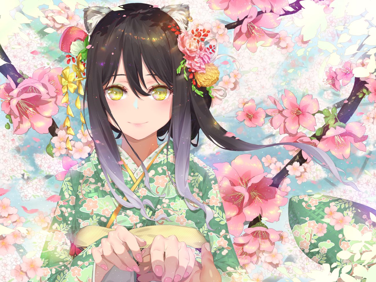 animal ears black hair catgirl cherry blossoms close flowers japanese clothes kashiwazaki shiori kimono long hair petals princess connect! waterring yellow eyes