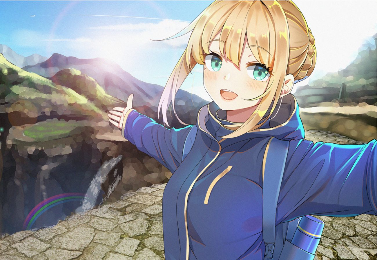artoria pendragon (all) blonde hair blush braids close fate (series) fate/stay night green eyes hood kongbai rainbow saber short hair water waterfall