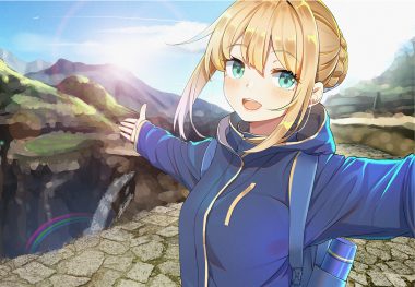 artoria pendragon (all) blonde hair blush braids close fate (series) fate/stay night green eyes hood kongbai rainbow saber short hair water waterfall