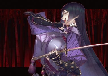armor black hair breasts elbow gloves erect nipples fate/grand order fate (series) gloves katana long hair minamoto no yorimitsu (fate) rokuji sword weapon