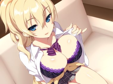 blonde hair blue eyes bow bra breasts cleavage open shirt original ponytail puuzaki puuna underwear