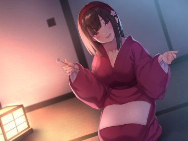 breasts brown hair cleavage headband japanese clothes kimono original pokachu purple eyes short hair