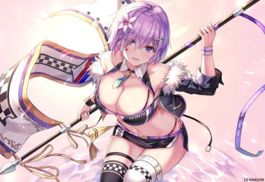 cenangam fate/grand order fate (series) garter mash kyrielight navel purple eyes purple hair short hair signed thighhighs wristwear