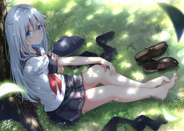 anthropomorphism blue eyes grass green hat hibiki (kancolle) jpeg artifacts kantai collection long hair miko fly school uniform shade signed white hair