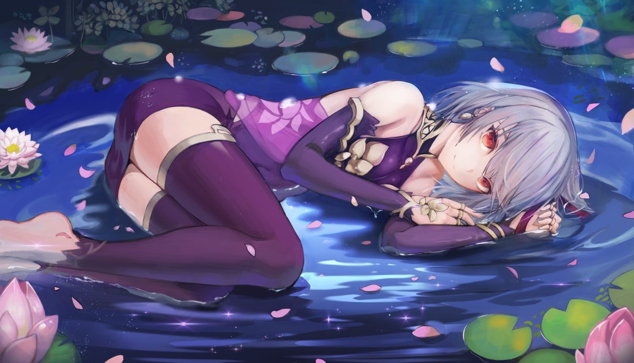 akira (aristole) armor barefoot fate/grand order fate (series) flowers gray hair kama (fate/grand order) red eyes see through short hair thighhighs water wet zettai ryouiki