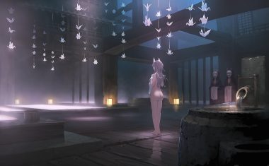 animal animal ears ass barefoot bird gray hair long hair mask nauimusuka nude onsen original paper reflection towel water