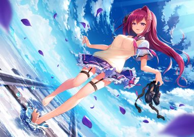 aritagawa nio barefoot clouds front wing loca love - densha x doukyuusei long hair nanaca mai red hair school uniform skirt sky water