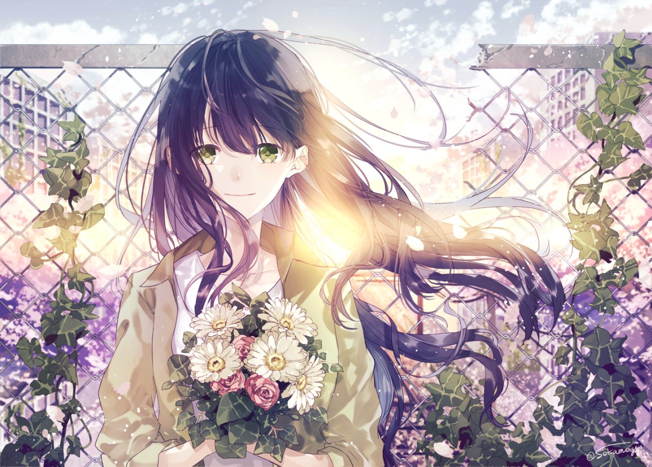 blue hair flowers green eyes long hair original petals seikai meguru signed