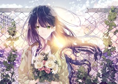 blue hair flowers green eyes long hair original petals seikai meguru signed