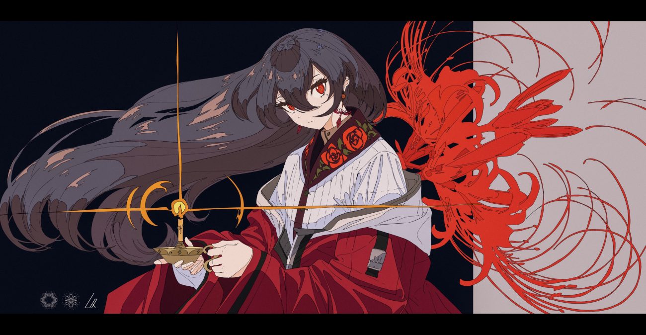 black hair flowers kogecha (coge ch) long hair original red eyes