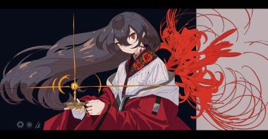 black hair flowers kogecha (coge ch) long hair original red eyes