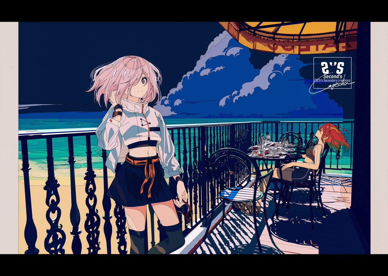 fate/grand order fate (series) fujimaru ritsuka (female) kogecha (coge ch) mash kyrielight pink hair red hair shorts skirt thighhighs