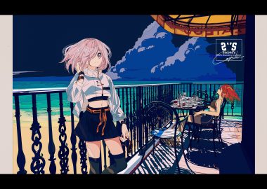 fate/grand order fate (series) fujimaru ritsuka (female) kogecha (coge ch) mash kyrielight pink hair red hair shorts skirt thighhighs