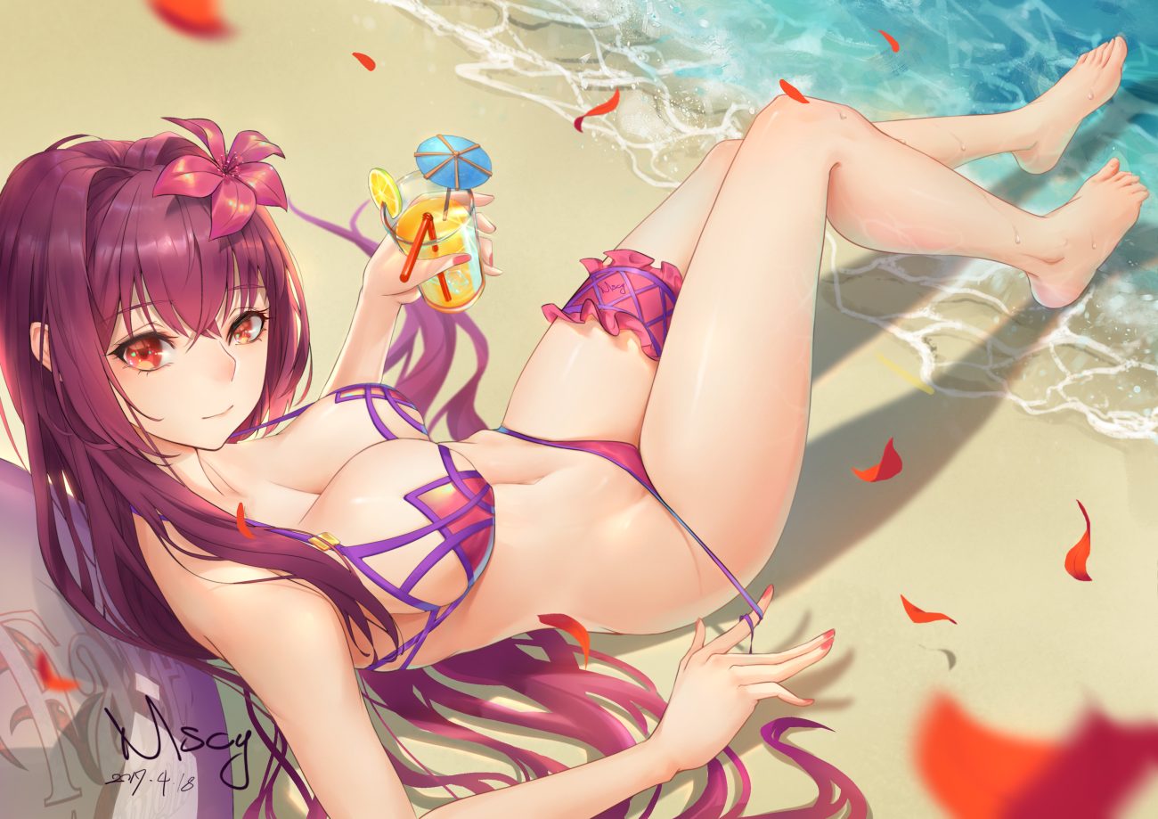 barefoot beach bikini drink fate/grand order fate (series) flowers jpeg artifacts miyama tsubaki me navel purple hair red eyes scathach (fate/grand order) signed swimsuit water