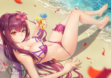 barefoot beach bikini drink fate/grand order fate (series) flowers jpeg artifacts miyama tsubaki me navel purple hair red eyes scathach (fate/grand order) signed swimsuit water